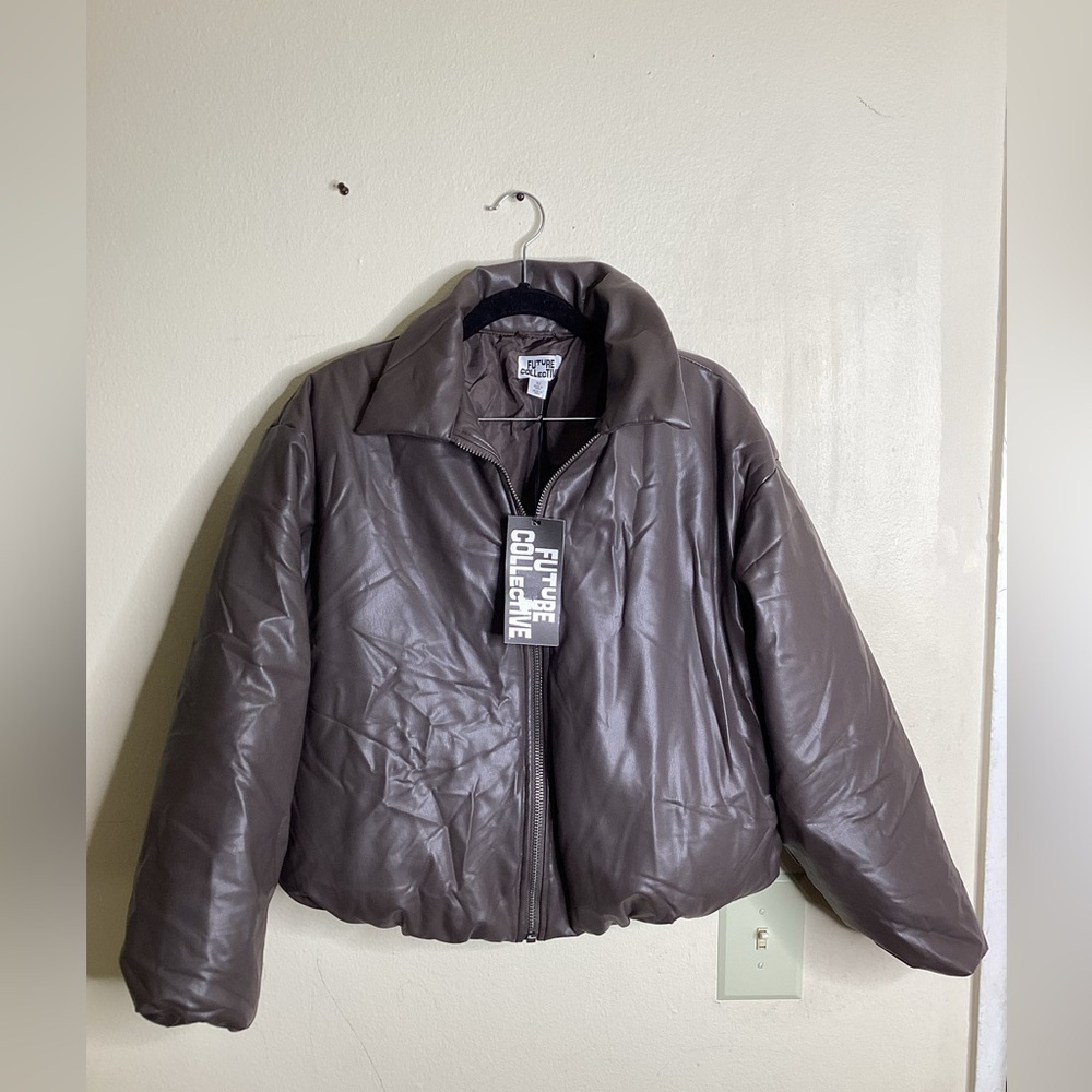 Future Collective Women's Faux Leather Puffer Jacket Dark Gray - Picture 10 of 10